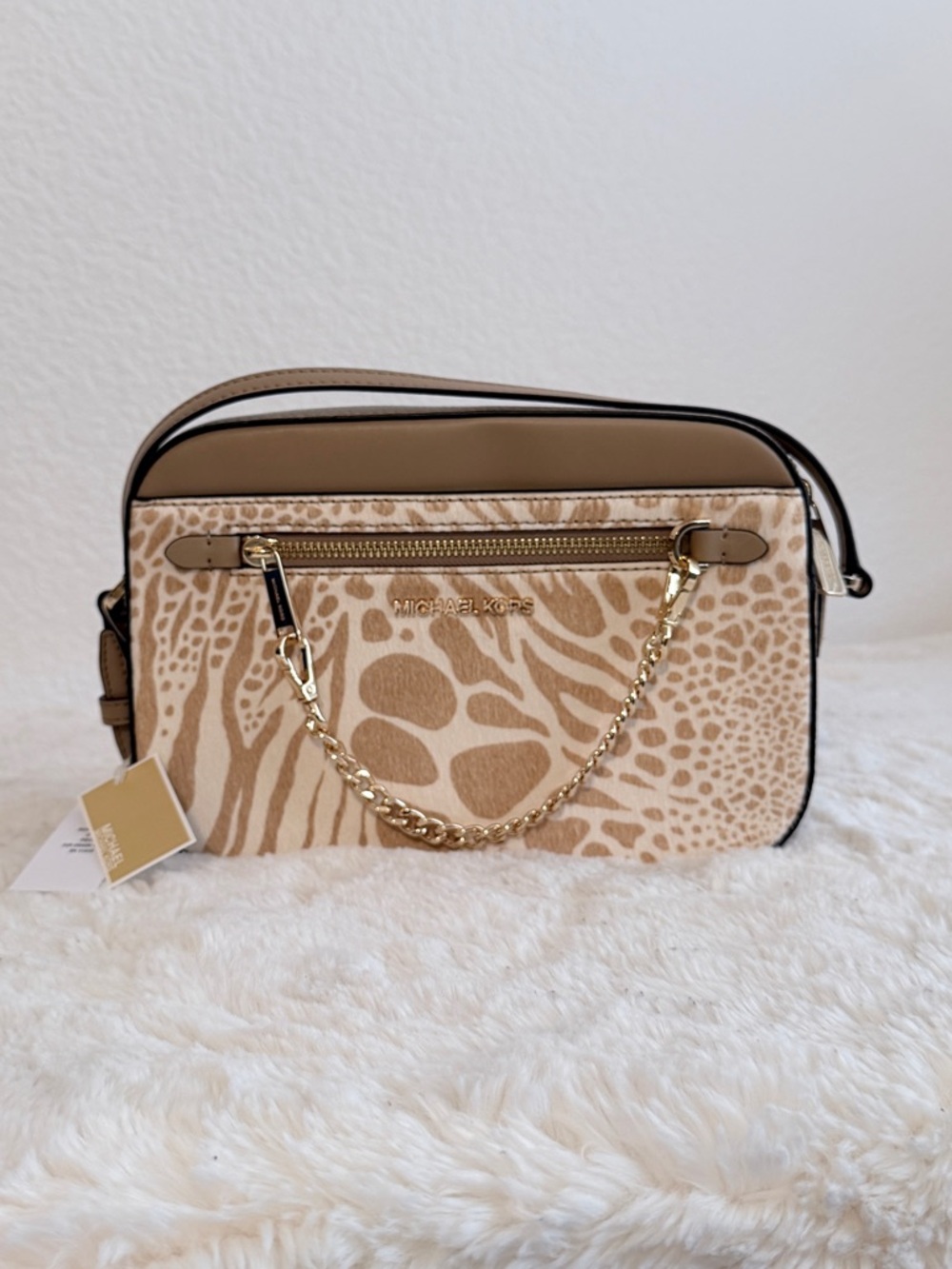 Michael Kors Animal Print Crossbody Bag in Camel Zip with real calf NWT